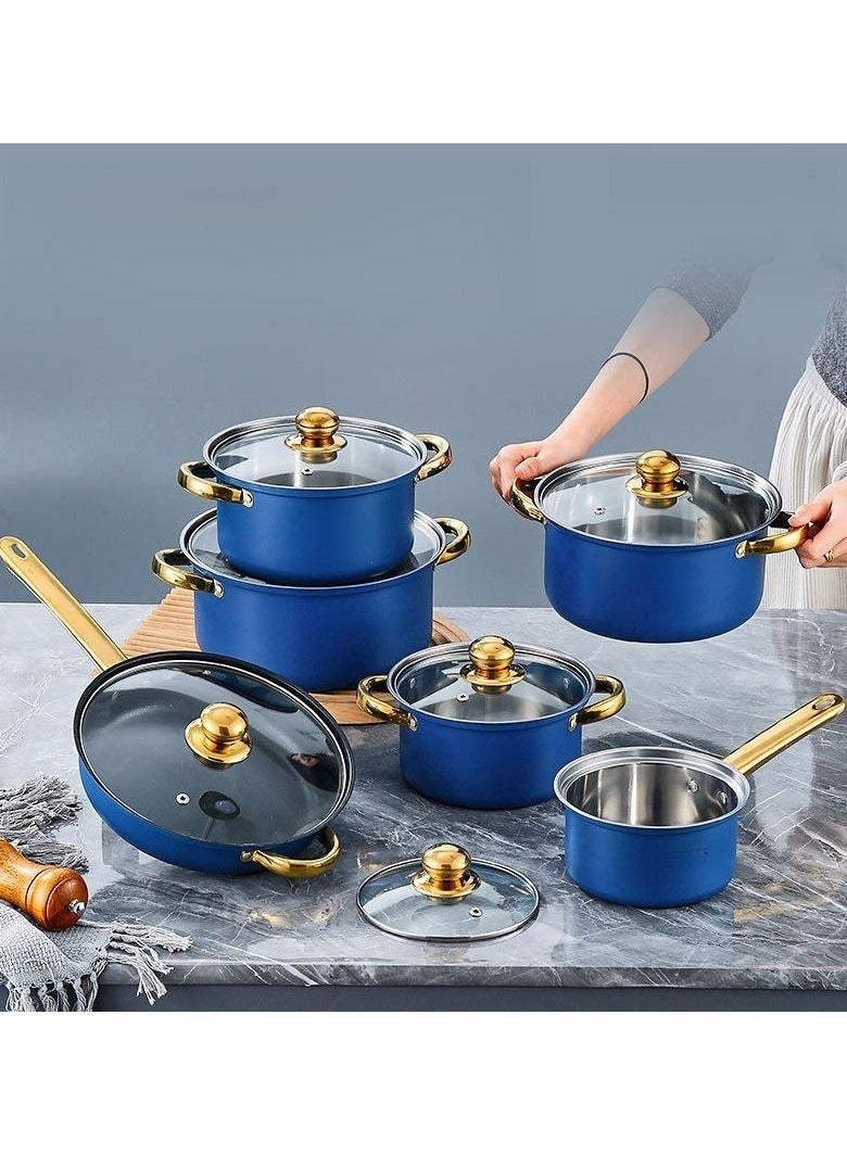 Sharpdo 12-Piece Pot Set 410 Stainless Steel Pot Set Soup Pot Frying Pan Milk Pot Cooking Pot Double-Ear Milk Pot 16/Soup Pot 18/20/22/24/Frying Pan 24CM(Blue) - Image 1